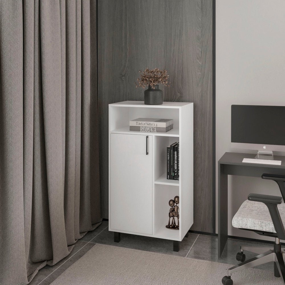 English Elm White Compact Cabinet with Open Shelf and Single Door, Crisp White Finish for Small Spaces, Versatile Storage Solution B062P323172