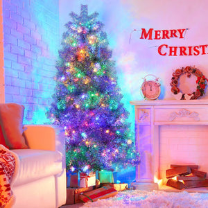 English Elm 6FT Silver Pre-Lit Christmas Tree with 800 Tips, 300 LEDs, 11 Modes, Hinged Metal Stand, Indoor/Outdoor N704P199512N