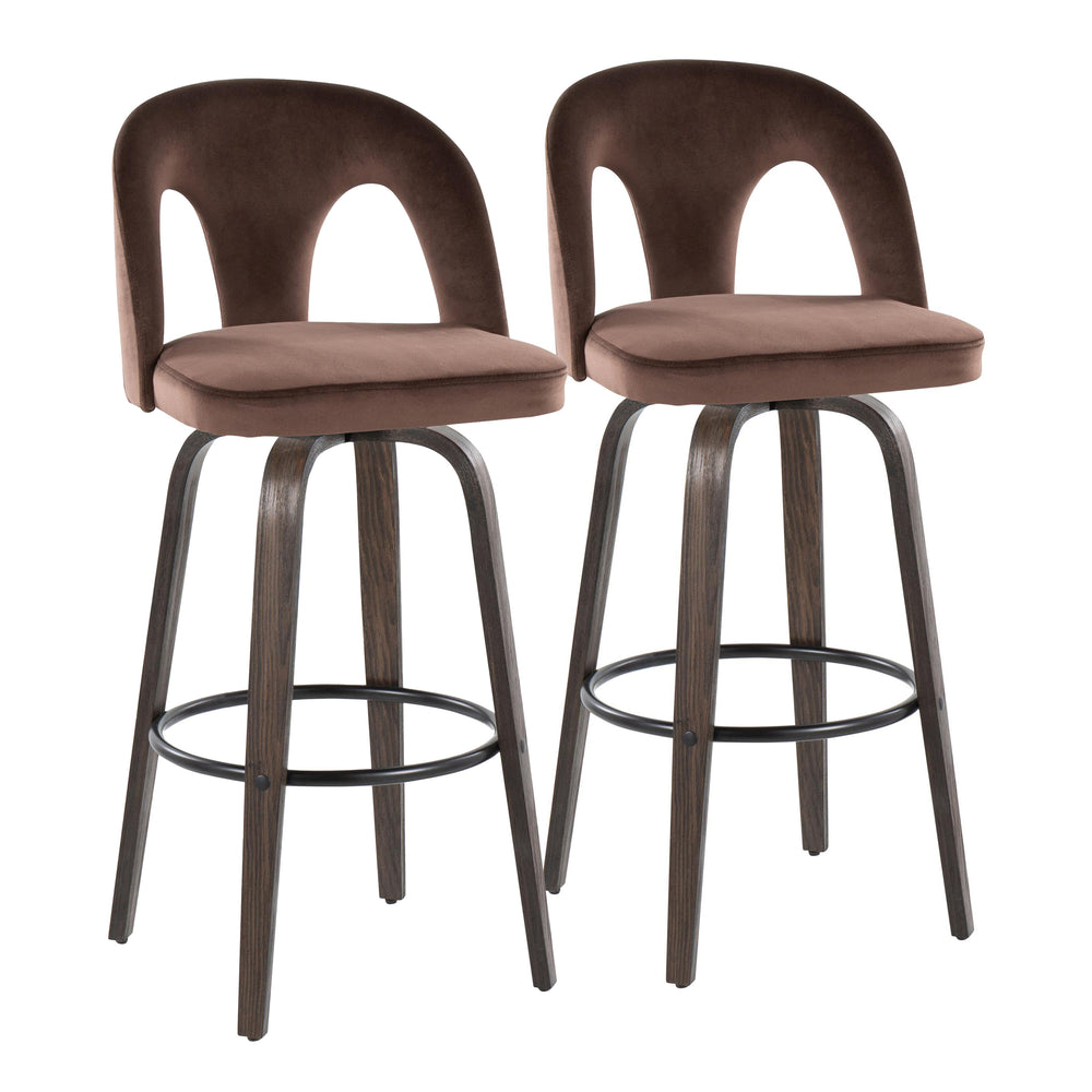 English Elm Fixed-height Swivel Barstools Walnut Bentwood and Velvet Upholstered Seats Set of 2 B202S01886