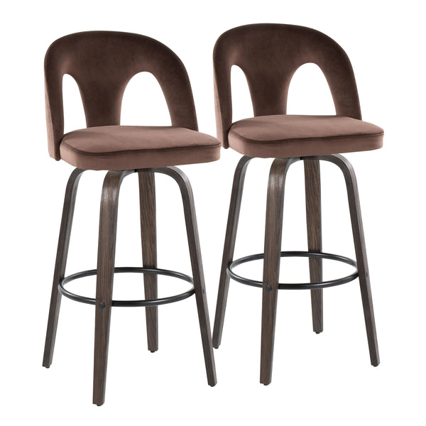 English Elm Fixed-height Swivel Barstools Walnut Bentwood and Velvet Upholstered Seats Set of 2 B202S01886