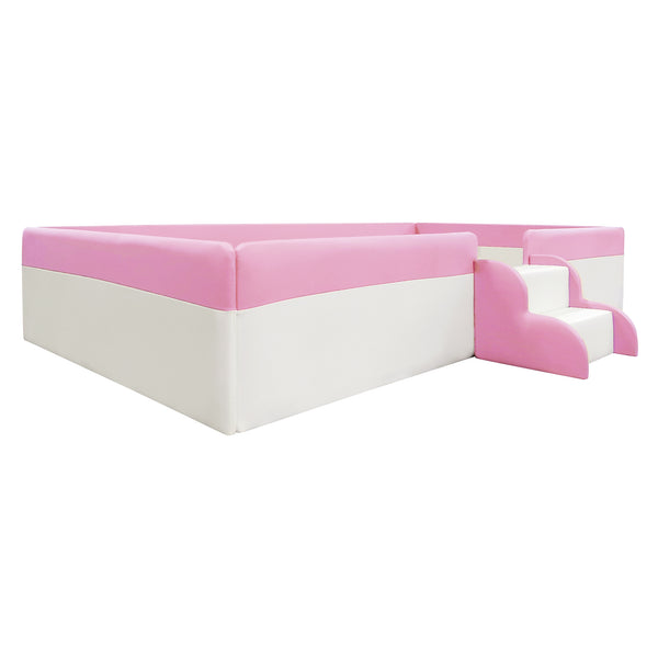 English Elm Twin Upholstered Daybed Frame with Fence & Stairs in Pink+White, PU Comfort, 10 Slats, 300lb Capacity SF000153AAH