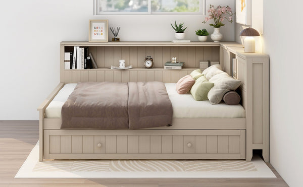 English Elm Full Full Size Wood Daybed with Trundle, Antique White Milk Finish, Built-In Storage Shelves & Charming Design N7090002225K