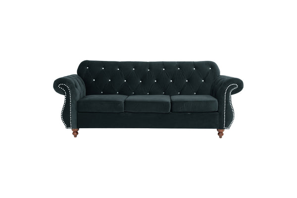 English Elm Black Velvet 3Pc Sofa Set - Luxurious Upholstered Furniture With Crystal Tufting & Nailhead Trim B011S01701