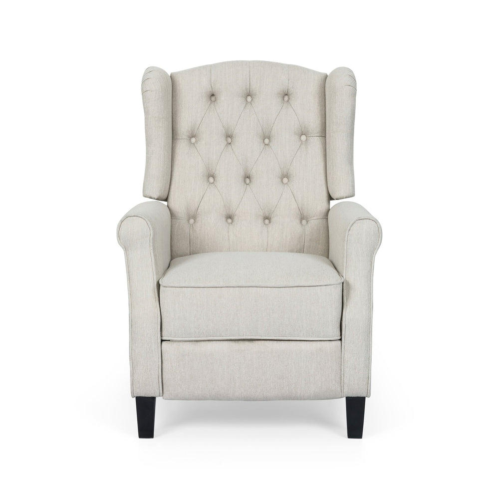 English Elm Christopher Knight Home® - Pushback Tufted Recliner Chair in Beige Fabric with Wingback Design, Birch Legs, Contemporary Comfort and Style 68629.00