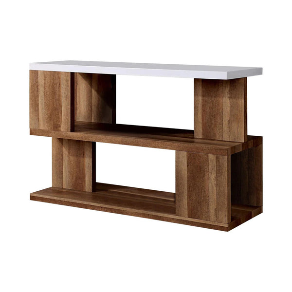 English Elm Modern Sculpted Sofa Table with Two-Tone Finish, Open Shelves for Display and Minimalist Storage Elegance Natural,White 51 L x 21 W x 7 H B2741P357610