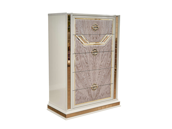 English Elm Omari Modern 5-Drawer Chest With Gold Accents & Mirrored Details - Stylish Beige Storage Solution G150109295
