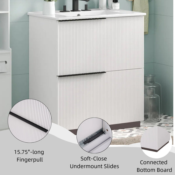 English Elm Christopher Knight Home® - 30" Elegant Bathroom Vanity With Fluted Design, Ceramic Sink, Full-Extension Drawers & Soft-Close Slides N817P295760W