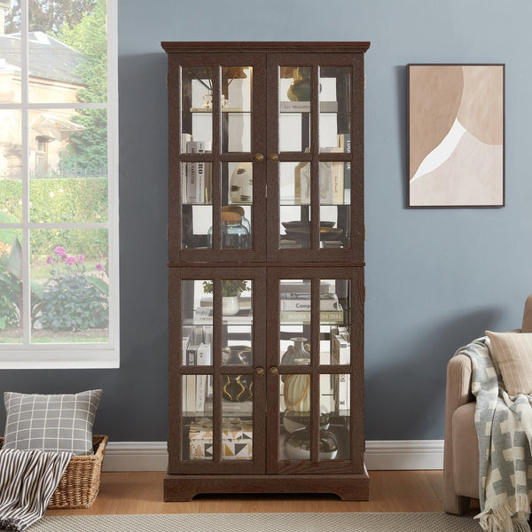English Elm Curio Clear Glass Display Cabinet with Lattice Doors, Adjustable Shelves, E26 Bulb Included, Vintage Chic Cherry W2275P231688