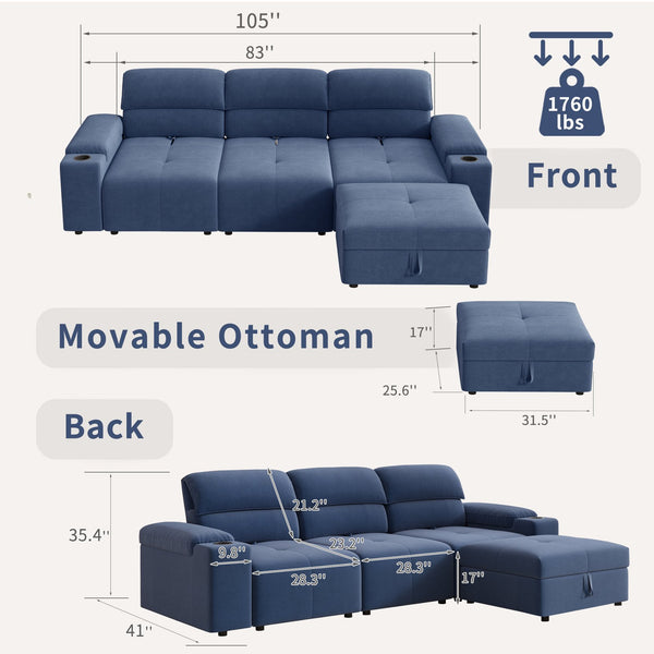 English Elm Modern Modular L-shaped sectional sofa 105-inch cloud deep-seat 4-seat cotton comfort with ottoman and storage Blue W3820S00008