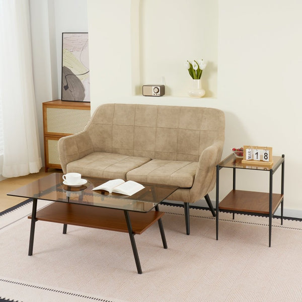 English Elm Rectangle Coffee Table – Modern Brown Tempered Glass With Sturdy Black Metal Legs For Living Rooms W241126036-GIGA