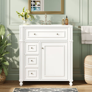 English Elm Bathroom Vanity with Sink French-Inspired 30" Ceramic Basin Vanity Cabinet with Soft-Close Doors & Drawer Organizer White N710P286723K