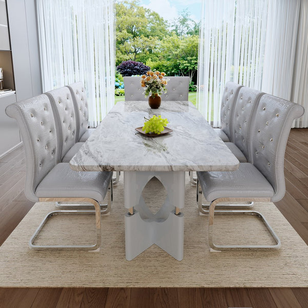 English Elm Modern 9 Piece Glam Dining Set Faux Marble Table Tufted Pvc Chairs Seats Eight Grey W3875S00063