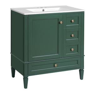 English Elm 30 30 Inch Bathroom Vanity with Ceramic Sink, Modern Compact 3-Drawer Storage Cabinet for Small Baths Green N710P247499F