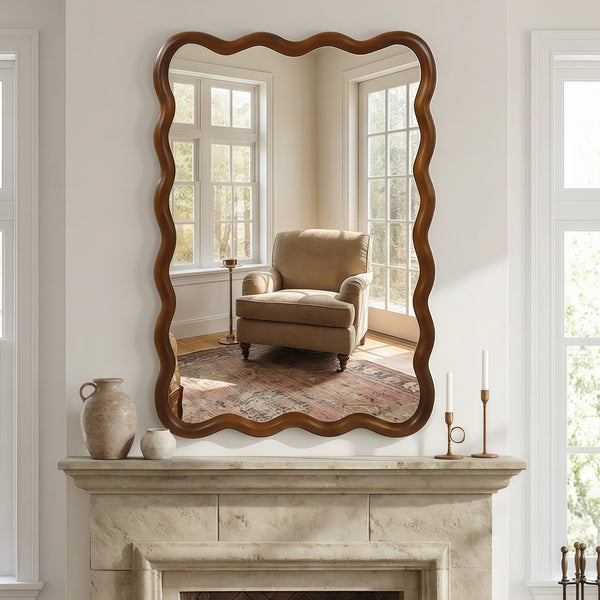 English Elm Black Walnut Solid Wood Wavy Frame Mirror Sculptural Bohemian Accent for Any Room W2203P455232
