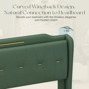 English Elm Christopher Knight Home® - King PU Leather Bed Frame with Wingback Headboard & Footboard, Gold Accents, Platform Slat Support, Elegant Design Green 77.5 L x 21 W x 5.25 H N761S0000012G