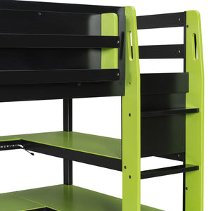 English Elm Twin Loft Bed with Rgb Lighting Usb Ports Wraparound Shelves and Gaming Desk Green LT000298AAF