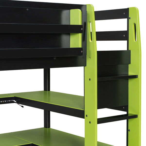 English Elm Twin Loft Bed with Rgb Lighting Usb Ports Wraparound Shelves and Gaming Desk Green LT000298AAF