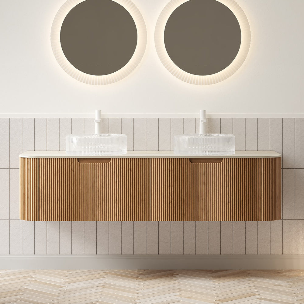 English Elm Dina 60 Inch Floating Bathroom Vanity Sintered Stone Top Dual Glass Basins Wood Grain Beige,Natural Wood,Transparent W2615S00353