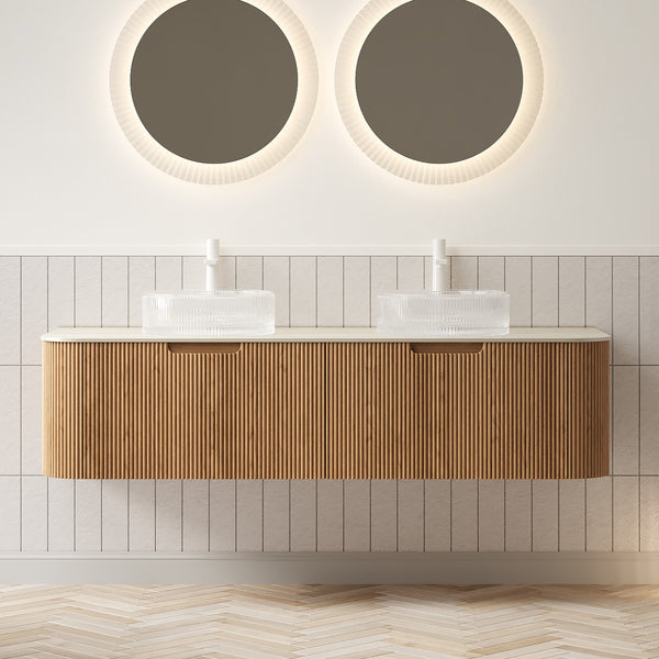 English Elm Dina 60 Inch Floating Bathroom Vanity Sintered Stone Top Dual Glass Basins Wood Grain Beige,Natural Wood,Transparent W2615S00353