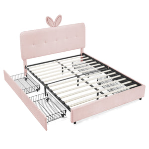 English Elm Queen Boucle Upholstered Kids Bed with Rabbit Ear Headboard Led Lighting Storage Drawers Pink W1413P384926