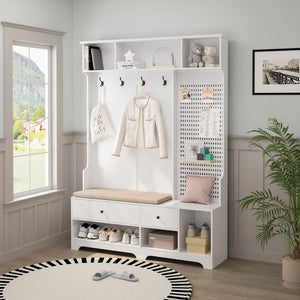 English Elm Multi-purpose Hallway Hall Tree with Linen Cushion Bench, Pegboard, Hooks, Drawers & Shoe Storage White W757P196820