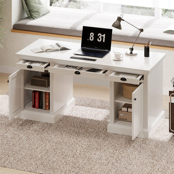English Elm 67" White Executive Desk with Cabinet Storage Drawers and Usb Ports for Home Office N751S415500K