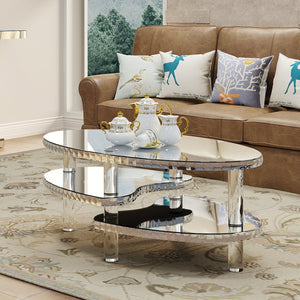 English Elm Silver Mirrored Oval Coffee Table Crystal Trim Acrylic Legs Glam Living Room Decor W3836P382489