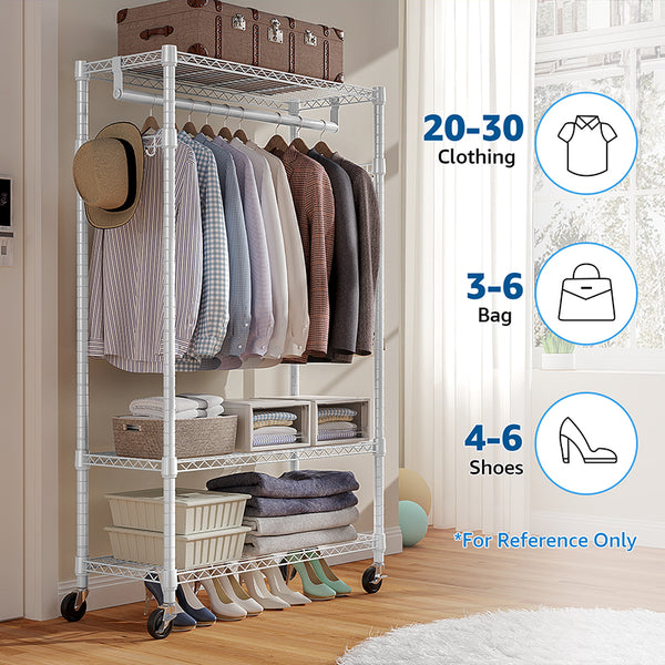 English Elm Heavy Duty Rolling Garment Rack Three Tier Wire Shelving with Hooks for Closet W5386P503916