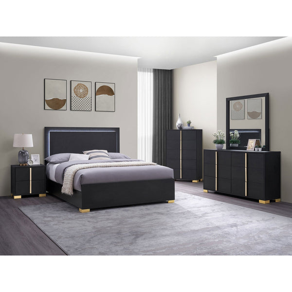 English Elm Medici Black Eastern King Bed with Built-In LED Headboard, Warm Bracket Legs, Modern Sophistication B062S01059