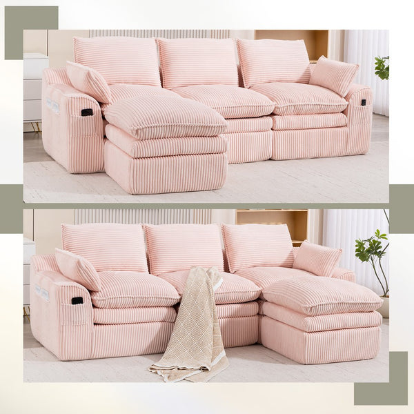English Elm L Shaped Corduroy Modular Sectional with Cloud Cushions Footstool and Lumbar Pillows Pink W395S00138