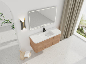 English Elm 48" Floating Bathroom Vanity Dual Ceramic Vessel Sinks Oak Finish Soft Close Doors W999S00507