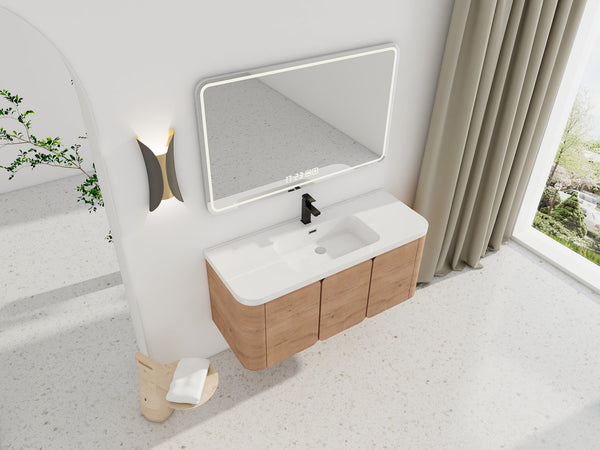 English Elm 48" Floating Bathroom Vanity Dual Ceramic Vessel Sinks Oak Finish Soft Close Doors W999S00507