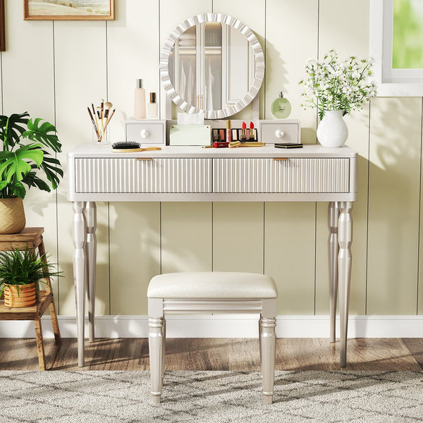 English Elm Luxury Vanity Desk with Sunflower Mirror, Height-Adjustable Makeup Table, 4 Drawers & Stool for Organized Glam Champagne N844P262897C