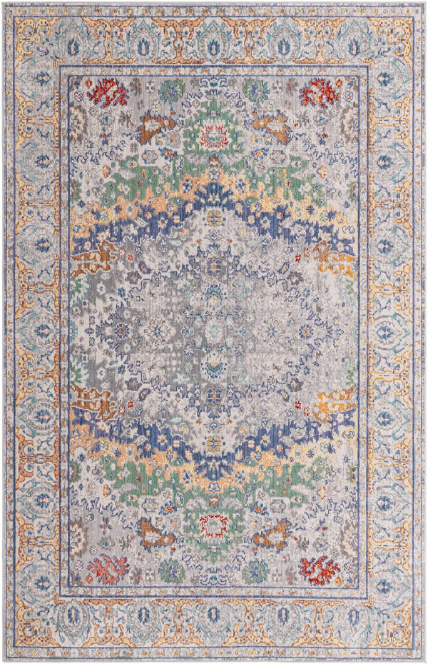 Unique Loom Austin Voce Machine Made Border Rug Light Gray, Blue/Gold/Green/Red/Pink 6' 1" x 9' 0"