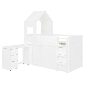 English Elm Twin House Loft Bed with Pull Out Rolling Desk Stair Drawers and Cabinet Storage White N820S00072K