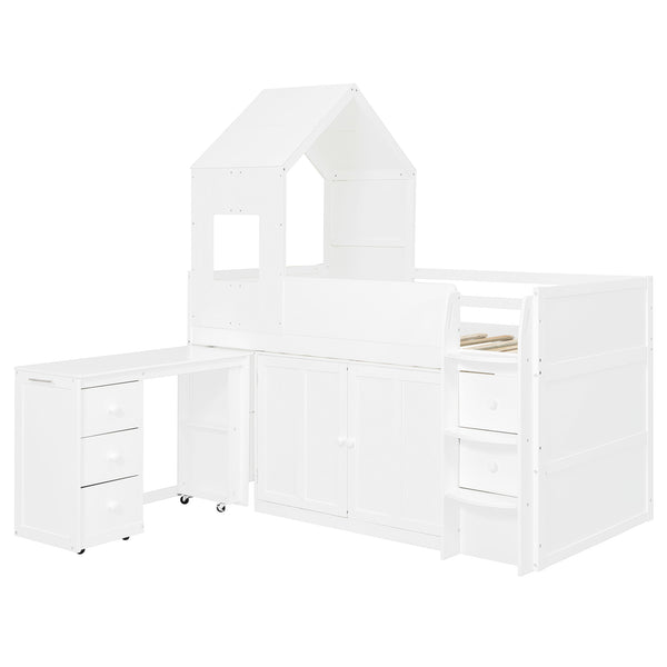 English Elm Twin House Loft Bed with Pull Out Rolling Desk Stair Drawers and Cabinet Storage White N820S00072K