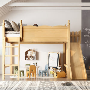 English Elm Queen Loft Bed With Detachable Slide, Storage Shelves & Cabinet - Solid Wood For Fun & Space Savvy! W1580S00250-GIGA