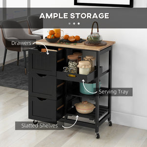 English Elm HOMCOM Rolling Kitchen Island Cart with Butcher Block Top, 3 Drawers, Shelves & 360° Wheels (Black) W2225P217389