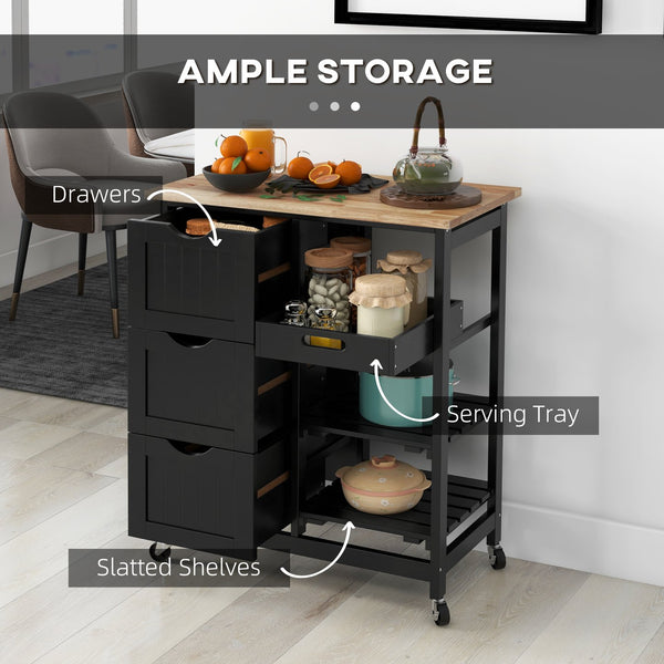 English Elm HOMCOM Rolling Kitchen Island Cart with Butcher Block Top, 3 Drawers, Shelves & 360° Wheels (Black) W2225P217389