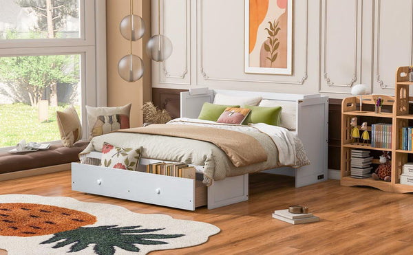 English Elm Queen Murphy Wall Bed with Pull Out Drawer and Built in Usb Charging Cabinet White N708P205905K