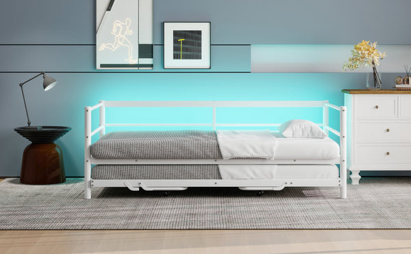 English Elm Twin Metal Daybed with LED Lighting and Adjustable Pop-Up Trundle, Industrial Steel Frame, Heavy-Duty Support White N750P244915K