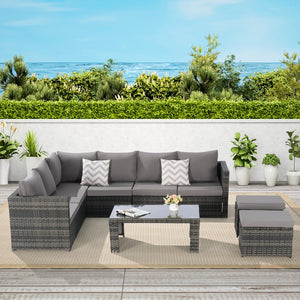 English Elm 6 Piece Outdoor Modular Sectional with Pe Wicker Cushioned Seating and Tempered Glass Table Dark Gray W874S00064