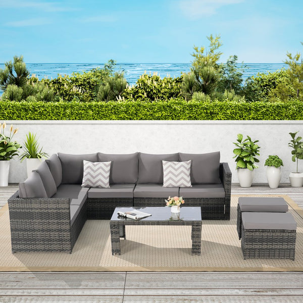English Elm 6 Piece Outdoor Modular Sectional with Pe Wicker Cushioned Seating and Tempered Glass Table Dark Gray W874S00064