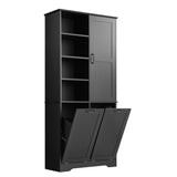 English Elm Bathroom Storage Cabinet With Doors and Drawers, Tilt-Out Laundry Hamper, Multiple Storage Space, Freestanding Style, Open Shelve, Adjustable Shelf, Black