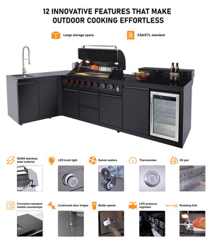 English Elm Outdoor Kitchen Island with Gas Grill Sink Refrigerator 304 Stainless Steel Bbq W5007S00019