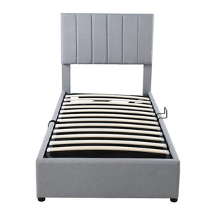 English Elm Twin Upholstered Hydraulic Storage Bed with Vertical Stripe Headboard, Space-Saving Modern Platform Gray SF000185AAE