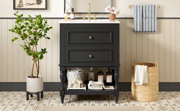 English Elm 24'' Retro Bathroom Vanity Mdf Cabinet with Ceramic Sink Open Shelf and 2 Drawers Black N710P405414B