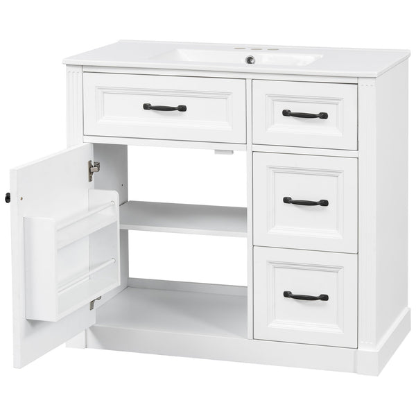 English Elm 36 Inch Bathroom Vanity With Sink – Modern Design, Soft-Close Drawers & Adjustable Storage Shelf, White Finish N725P336549K