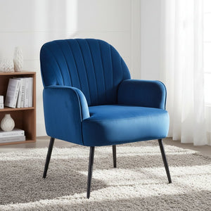 English Elm Velvet Barrel Accent Chair Tufted Shell Back with Metal Legs for Living Room Blue W5722P462510