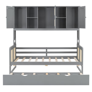 English Elm Twin Size Wooden Daybed With Trundle, Integrated Storage Cabinet & Shelves In Elegant Gray Finish N820S00048E-GIGA